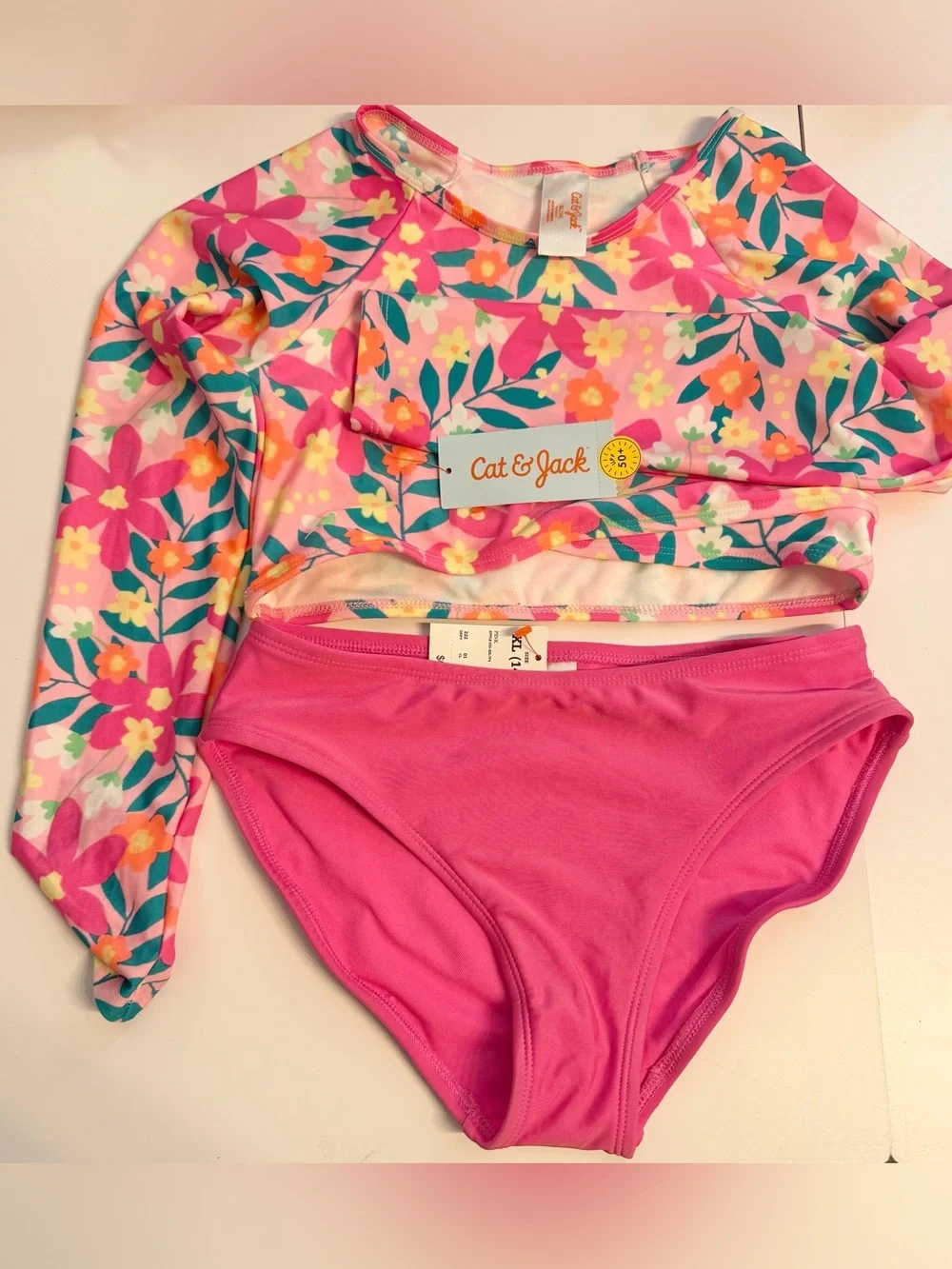 Cat & Jack Black Sparkle One-Piece Swimsuit & floral 2 piece with rash guard